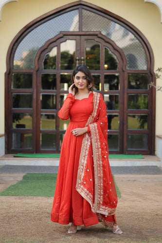 Red Satin Maxi Gown With Organza Dupatta | ADFY-DEVSMG-002 | Cilory.com